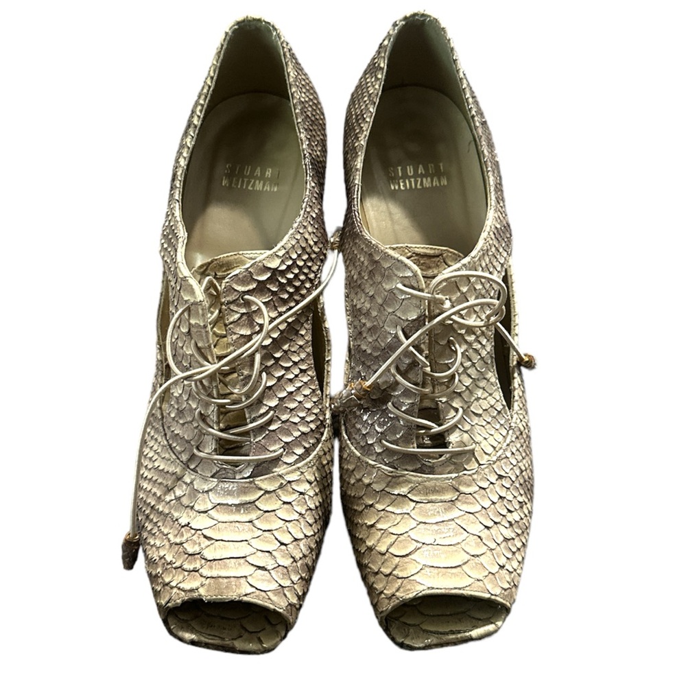 Stuart Weitzman lace up peep toe Snake Skin Cut Out heels